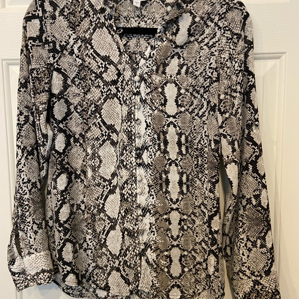 Express button detail long sleeve snakeskin print blouse